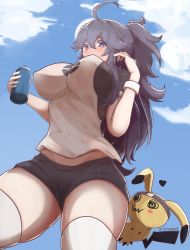 Rule 34 | 1girl, @ @, absurdres, ahoge, alternate breast size, black shorts, blush, bottle, breasts, commentary request, creatures (company), game freak, gen 7 pokemon, hair between eyes, hairband, heart, hex maniac (pokemon), highres, holding, holding bottle, impossible clothes, large breasts, long hair, messy hair, midriff peek, mimikyu, mixed-language commentary, nintendo, pokemon, pokemon (creature), pokemon xy, ponytail, purple eyes, purple hair, purple hairband, shorts, soveno, sportswear, thighhighs, twitter username, water bottle, white thighhighs, wristband