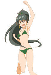 Rule 34 | 1girl, armpits, bikini, black hair, breasts, collarbone, earrings, fang, ganaha hibiki, green bikini, green eyes, green ribbon, hair ribbon, high ponytail, highres, idolmaster, idolmaster (classic), jewelry, long hair, navel, open mouth, ponytail, ribbon, simple background, small breasts, solo, standing, standing on one leg, swimsuit, taka (takahirokun), underboob, very long hair, white background