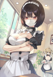 Rule 34 | 2girls, absurdres, apron, black neckwear, blonde hair, bow, breasts, brown hair, cleavage, commentary request, crossed arms, highres, indoors, large breasts, looking at viewer, maid, maid headdress, masco, mask, mouth mask, multiple girls, necktie, original, puffy short sleeves, puffy sleeves, red eyes, short hair, short sleeves, surgical mask, twintails, white apron, white neckwear, window