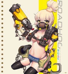 Rule 34 | 1girl, absurdres, animal print, arm wrap, armor, artist name, b-anma, badge, bandaged arm, bandages, belt, belt pouch, black nails, black thighhighs, blonde hair, blue panties, breasts, chain, character name, cleavage, collarbone, covered mouth, fingernails, gas mask, gauntlets, genderswap, genderswap (mtf), grapnel, groin, gun, hair ornament, hand up, handgun, highleg, highleg panties, highres, holding, holding gun, holding weapon, hook, license plate, long fingernails, looking at viewer, mask, medium breasts, nail polish, navel, overwatch, overwatch 1, panties, pauldrons, pig, pig print, ponytail, pouch, roadhog (overwatch), short ponytail, shoulder armor, shoulder pads, sickle, sidelocks, single pauldron, solo, spikes, stomach, strap, string panties, thighhighs, tire, topless, trigger discipline, underwear, watermark, weapon, web address, yellow eyes