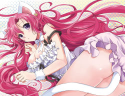 Rule 34 | 1girl, :o, akina tsukako, animal ears, ass, blush, body blush, bow, bowtie, breasts, cat ears, cat tail, cleavage, code geass, euphemia li britannia, frills, hair ornament, halftone, halftone background, large breasts, legs, long hair, looking at viewer, pink hair, purple eyes, solo, tail