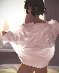 Rule 34 | 1girl, bare shoulders, black eyes, black hair, looking at viewer, looking back, naked shirt, open clothes, open shirt, original, shirt, short hair, solo, taxi (owp)