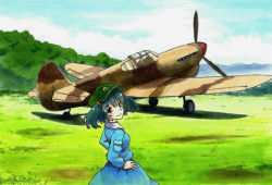 Rule 34 | 1girl, aircraft, airplane, aqua eyes, aqua hair, bad id, bad pixiv id, blue eyes, bush, cloud, cloudy sky, day, field, from behind, grass, hair bobbles, hair ornament, hands on own hips, hat, kawashiro nitori, long sleeves, looking back, open mouth, propeller, shiratama (hockey), shirt, skirt, sky, smile, solo, touhou, traditional media, twintails, two side up, vehicle focus