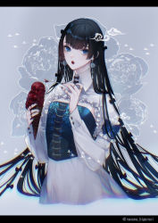 Rule 34 | black hair, blue eyes, clothing request, eating, fang, food, highres, ice cream, ice cream cone, lolita fashion, long hair, long sleeves, looking at viewer, open mouth, original, qi lolita, shrug (clothing), skin fang, skull, solo, spoon, tobacco (tabakokobata), twitter username, vampire