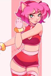 Rule 34 | 1girl, absurdres, amy rose, animal ears, blush, breasts, cleavage, cleavage cutout, clothing cutout, cresscin, gloves, green eyes, hairband, hedgehog ears, hedgehog girl, highres, humanization, looking at viewer, medium breasts, midriff, parted lips, pink background, pink hair, raised eyebrow, red shirt, red shorts, red thighhighs, sega, shirt, short hair, shorts, sleeveless, sleeveless shirt, smile, sonic (series), standing, stretching, teeth, thighhighs, white gloves