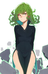 Rule 34 | 1girl, arms behind back, artist name, black dress, breasts, closed mouth, collarbone, collared dress, commentary, curly hair, dress, english commentary, flipped hair, green eyes, green hair, high collar, kollerss, long sleeves, medium hair, nostrils, one-punch man, pelvic curtain, simple background, small breasts, solo, tatsumaki, telekinesis, thighs, torn clothes, torn dress, white background, wide hips