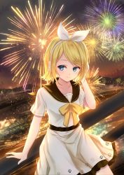 Rule 34 | 1girl, black sailor collar, blonde hair, blue eyes, bow, closed mouth, collarbone, collared shirt, fireworks, hair bow, hair ornament, hairband, hairclip, headphones, hei kuang jun, highres, kagamine rin, layered skirt, looking at viewer, looking to the side, miniskirt, night, outdoors, print skirt, sailor collar, sailor shirt, school uniform, shirt, short hair, short sleeves, skirt, smile, solo, swept bangs, vocaloid, white bow, white hairband, white shirt, white skirt