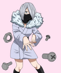 Rule 34 | 1girl, black legwear, black obi, boku no hero academia, breasts, clenched hands, eyelashes, female focus, fingernails, floating, floating object, hair over one eye, highres, japanese clothes, kimono, legs, long sleeves, mask, medium hair, mouth mask, neck, obi, outstretched hand, pink background, sash, screw, sidelocks, silver hair, simple background, socks, standing, telekinesis, thighs, traditional clothes, yanagi reiko, ysd2552
