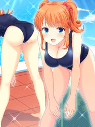 Rule 34 | 1girl, ass, barefoot, blue eyes, breasts, cleavage, competition swimsuit, day, from behind, girlfriend (kari), hair ornament, highres, large breasts, leaning forward, looking at viewer, multiple views, one-piece swimsuit, open mouth, orange hair, outdoors, perapera, pool, poolside, red ribbon, ribbon, sagara emi, sky, swimsuit, tagme, twintails, wet