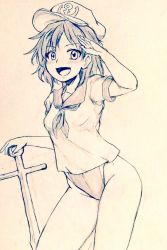 Rule 34 | 1girl, alternate costume, anchor symbol, bare legs, breasts, commentary request, covered navel, d-m (dii emu), eyelashes, gesture, greyscale, hat, leaning forward, looking at viewer, monochrome, murasa minamitsu, one-piece swimsuit, open mouth, sailor collar, sailor hat, sailor shirt, shirt, short sleeves, swimsuit, swimsuit under clothes, touhou