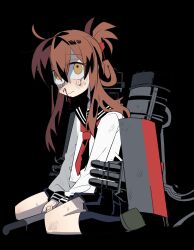 Rule 34 | 1girl, ahoge, between legs, black background, black sailor collar, black skirt, black socks, blood, blush, brown hair, closed mouth, commentary request, crossed bangs, crying, crying with eyes open, empty eyes, folded ponytail, from side, hair between eyes, hair ornament, hairclip, hand between legs, highres, holding, inazuma (kancolle), kantai collection, kneehighs, long hair, long sleeves, looking to the side, machinery, neckerchief, nosebleed, pleated skirt, red neckerchief, sailor collar, school uniform, serafuku, sidelocks, simple background, sitting, skirt, socks, solo, sweat, tears, torpedo, uotsu (sabakou), upturned eyes, v arms, wariza, wavy mouth, white serafuku, yellow eyes