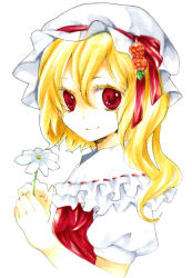 Rule 34 | 1girl, bad id, bad pixiv id, blonde hair, blouse, collared shirt, female focus, flandre scarlet, flower, from side, hair between eyes, hat, highres, legomaru, marker (medium), mob cap, plant, red eyes, shirt, simple background, solo, touhou, traditional media, upper body, white background, white hat, white shirt