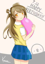 Rule 34 | 1girl, absurdres, artist name, artist request, ball, blue skirt, blush, bow, bowtie, brown eyes, brown hair, collared shirt, female focus, from behind, grey hair, hair bow, highres, holding, holding ball, kazki ttbn, light brown hair, long hair, looking at viewer, looking back, love live!, love live! school idol project, minami kotori, nail polish, nails, otonokizaka school uniform, parted lips, pink nails, plaid, plaid skirt, red bow, red bowtie, school uniform, shirt, short sleeves, side ponytail, skirt, smile, solo, striped bow, striped bowtie, striped clothes, vest, white bow, white shirt, yellow eyes, yellow vest