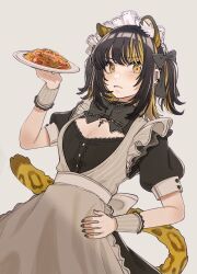 Rule 34 | 1girl, absurdres, alternate costume, animal ear fluff, animal ears, black bow, black dress, black hair, black nails, blonde hair, bow, breasts, cleavage, cross, dress, enmaided, food, grey background, hand up, highres, holding, holding plate, idolmaster, idolmaster shiny colors, ikaruga luca, kemonomimi mode, latin cross, leopard ears, leopard girl, leopard tail, looking at viewer, maid, medium breasts, multicolored hair, nail polish, parted lips, plate, puffy short sleeves, puffy sleeves, short sleeves, simple background, solo, streaked hair, tail, tanupon, wrist cuffs, yellow eyes