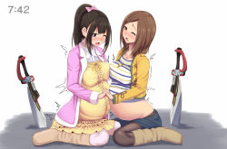 Rule 34 | 2girls, ahim de famille, black hair, blush, breast press, breasts, brown eyes, brown footwear, brown hair, coupe50, female focus, hair ribbon, holding hands, jewelry, kaizoku sentai gokaiger, large breasts, long hair, luka millfy, multiple girls, navel, necklace, one eye closed, open mouth, pantyhose, pregnant, red eyes, ribbon, shaking, shoes, simple background, sitting, super sentai, sweat, sword, symmetrical docking, weapon, white background, wink