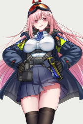 Rule 34 | 1girl, absurdres, black gloves, black thighhighs, blue jacket, blue skirt, blush, breasts, earrings, electroshock weapon, eyewear on head, feet out of frame, from below, girls&#039; frontline, gloves, hair ornament, hairclip, hands on own hips, heart, heart earrings, highres, jacket, jewelry, large breasts, less-than-lethal weapon, long hair, looking at viewer, mole, mole under eye, open clothes, open jacket, open mouth, pink hair, police, police uniform, purple eyes, safety glasses, shirt, sig mcx (girls&#039; frontline), skirt, smile, solo, standing, taser, thighhighs, uniform, very long hair, walkie-talkie, white background, white shirt, yakob labo