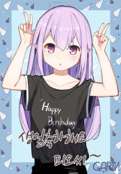Rule 34 | 1girl, :o, absurdres, artist name, black shirt, blush, clothes writing, collarbone, commentary, double w, english commentary, garin, hands up, happy birthday, highres, light purple hair, long hair, original, parted lips, pink eyes, pointy ears, sanpaku, shirt, shirt tucked in, short sleeves, sidelocks, solo, tareme, translation request, upper body, w