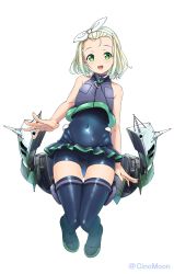 Rule 34 | 1girl, blonde hair, blush, bodysuit, boots, covered navel, diving suit, flat chest, gluteal fold, green eyes, groin, hairband, highres, kantai collection, looking at viewer, luigi torelli (kancolle), machinery, open mouth, shinomu (cinomoon), short hair, simple background, sleeveless, smile, solo, thigh boots, thighhighs, twitter username, wetsuit, white background, white hairband
