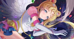 Rule 34 | 1girl, absurdres, angel wings, bishoujo senshi sailor moon, blonde hair, blue eyes, blue sailor collar, blue skirt, blush, brooch, closed mouth, crescent, crescent facial mark, crying, crying with eyes open, double bun, elbow gloves, eternal sailor moon, facial mark, feathered wings, forehead mark, gloves, hair bun, hair ornament, highres, jewelry, layered skirt, long hair, looking at viewer, lying, magical girl, manta shinkai, on side, pleated skirt, puffy sleeves, red skirt, sailor collar, sailor moon, sailor senshi uniform, skirt, solo, star seed (sailor moon), tears, tsukino usagi, twintails, white gloves, white wings, wings, yellow skirt