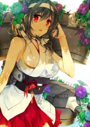 Rule 34 | 10s, 1girl, bare shoulders, black hair, breasts, commentary request, hair ornament, hairband, hand in own hair, headband, japanese clothes, kantai collection, large breasts, looking at viewer, momoiro, nontraditional miko, pleated skirt, red eyes, red skirt, short hair, skirt, solo, turret, yamashiro (kancolle), yamashiro kai ni (kancolle)