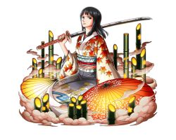 Rule 34 | 1girl, bamboo, black hair, blue eyes, bodskih, holding, holding sword, holding weapon, japanese clothes, katana, kimono, long hair, looking at viewer, nico robin, oil-paper umbrella, one piece, one piece treasure cruise, sitting, solo, sword, transparent background, umbrella, weapon