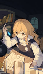 Rule 34 | 1girl, absurdres, alchemy, black vest, blonde hair, book, bookshelf, bow, braid, chair, commentary, highres, holding, holding pen, indoors, kirisame marisa, kozomezuki, lamp, long hair, long sleeves, night, no headwear, open book, paper, pen, scribble, shirt, single braid, sitting, solo, studying, table, touhou, turtleneck, upper body, vest, vial, white bow, white shirt, window, writing, yellow eyes