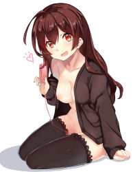 Rule 34 | 1girl, asura (moepeach), black cardigan, black thighhighs, breasts, brown eyes, brown hair, cardigan, cleavage, collarbone, egg vibrator, hair between eyes, highres, holding, long hair, looking at viewer, medium breasts, naked cardigan, nipples, open cardigan, open clothes, open mouth, original, sex toy, simple background, solo, thighhighs, vibrator, white background