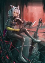 Rule 34 | 1girl, 3 (sanyako1), absurdres, animal ears, arknights, axe, bandaged arm, bandages, black bodysuit, bodysuit, breasts, cave interior, elbow gloves, gloves, grey hair, hair between eyes, highres, holding, holding axe, holding weapon, looking at viewer, mouse ears, mouse girl, mouse tail, official alternate costume, rock, scavenger (arknights), scavenger (survive) (arknights), short hair, sitting, small breasts, solo, tail, weapon, yellow eyes, yellow gloves