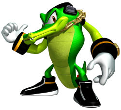 Rule 34 | 1boy, 3d, absurdres, full body, gloves, headphones, highres, male focus, reptile, sega, simple background, solo, sonic (series), sonic heroes, standing, vector the crocodile, white background, yellow eyes