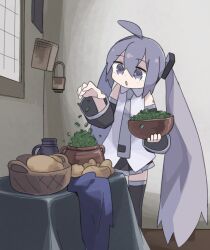 Rule 34 | 1girl, ahoge, alternate color, black footwear, black skirt, boots, bowl, bread, bread bowl, collared shirt, commentary request, detached sleeves, feet out of frame, fine art parody, food, grey eyes, grey hair, grey necktie, hair ornament, hatsune miku, highres, holding, holding bowl, icon 315, indoors, looking at food, necktie, number tattoo, open mouth, parody, pleated skirt, shirt, shoulder tattoo, skirt, sleeveless, sleeveless shirt, solo, spring onion, sprinkling, standing, table, tattoo, the milkmaid, thigh boots, tie clip, twintails, vocaloid, white shirt, wide sleeves