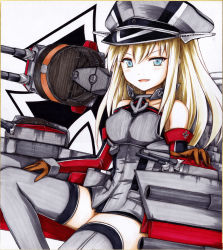 Rule 34 | 10s, 1girl, anchor, bad id, bad pixiv id, bare shoulders, bismarck (kancolle), blonde hair, blue eyes, blush, brown gloves, colored pencil (medium), cross, detached sleeves, dress, gloves, grey dress, grey thighhighs, hat, iroha (nullpo), iron cross, kantai collection, long hair, looking at viewer, machinery, military, military hat, military uniform, peaked cap, shikishi, smile, solo, thighhighs, traditional media, uniform