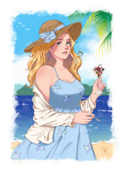 Rule 34 | 1girl, absurdres, animal print, apple, apple slice, beach, bird, blonde hair, blue dress, blue eyes, blue ribbon, blue sky, blueberry, breasts, brown hat, butterfly print, cherry, cleavage, cloud, cup, dress, food, fruit, haley (stardew valley), hat, hat ribbon, highres, holding, holding cup, holding spoon, jacket, medium breasts, outdoors, palm tree, parted lips, ribbon, seagull, sky, solo, spoon, standing, stardew valley, sun hat, tree, water, white jacket, yuikdraws
