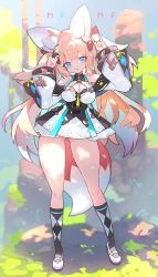 Rule 34 | 1girl, \n/, animal ears, argyle, argyle clothes, argyle legwear, argyle socks, arms up, blonde hair, blue eyes, bow, breasts, cleavage, detached sleeves, dress, expressionless, fox ears, fox girl, fox tail, full body, hair bow, highres, long hair, looking at viewer, mamuru, mary janes, medium breasts, microdress, original, outdoors, shoes, socks, solo, standing, tail, thighs, two side up, very long hair, white footwear