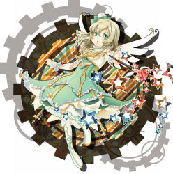 Rule 34 | 1girl, alternate color, blonde hair, boots, cropped jacket, dress, elize lutus, frills, full body, gem, green dress, green eyes, short hair, solo, star (symbol), suduke, tales of (series), tales of xillia, wand, wings