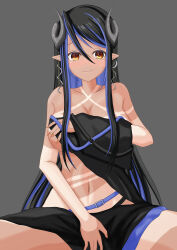 Rule 34 | 1girl, absurdres, bandeau, belt, black bandeau, black hair, black skirt, blue belt, blue hair, blush, breasts, brown eyes, cleavage, closed mouth, collarbone, commentary request, cowboy shot, curled horns, demon girl, demon horns, earrings, grey background, grey horns, hair between eyes, hebiyoi tier, hebiyoi tier (1st costume), highres, horns, jewelry, large breasts, long bangs, long hair, looking at viewer, multicolored hair, nanashi inc., natsuki aya, navel, pointy ears, sidelocks, simple background, skirt, smile, snake bite, solo, tan, tanline, two-tone hair, very long hair, virtual youtuber