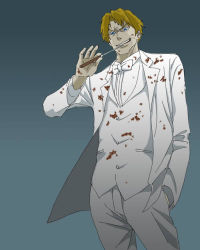 Rule 34 | 00s, 1boy, baccano!, blonde hair, blood, blue eyes, bow, bowtie, formal, gb (doubleleaf), grin, knife, ladd russo, long sleeves, male focus, pants, smile, solo, suit, traditional bowtie, white suit