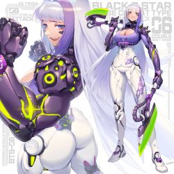 Rule 34 | 1girl, absurdres, ass, axe, battle axe, bodysuit, breasts, cleavage, cleavage cutout, clothing cutout, hichi, highres, large breasts, multicolored hair, purple eyes, science fiction, weapon