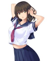 Rule 34 | 1girl, :o, adjusting hair, arms up, blue sailor collar, blue skirt, breasts, brown eyes, brown hair, collarbone, commentary request, hair tie, holding, looking at viewer, medium breasts, midriff, neckerchief, open mouth, original, pleated skirt, red neckerchief, sailor collar, school uniform, serafuku, shirt, short hair, short sleeves, sidelocks, simple background, skirt, solo, unasaka ryou, upper body, white background, white shirt