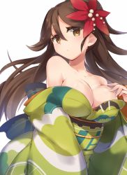 Rule 34 | 10s, 1girl, amagi (kancolle), bad id, bad pixiv id, breasts, brown eyes, brown hair, furisode, hair between eyes, hair ornament, hand on own chest, japanese clothes, kantai collection, kimono, large breasts, leaf, leaf hair ornament, long hair, looking at viewer, maple leaf, mole, mole under eye, off shoulder, pokoten (pokoten718), ponytail, solo, upper body
