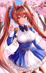 Rule 34 | 1girl, :3, absurdres, aiguillette, animal ears, antenna hair, blue jacket, blue skirt, blush, bow, bowtie, breasts, brown hair, center frills, cherry blossoms, closed mouth, commentary, crossed bangs, daiwa scarlet (umamusume), epaulettes, fang, frilled shirt, frills, hair intakes, highres, horse ears, horse girl, horse tail, index finger raised, jacket, large breasts, layered skirt, long hair, long sleeves, looking at viewer, overskirt, petals, red eyes, sachiko nya, shirt, sidelocks, skirt, smile, solo, tail, tiara, twintails, umamusume, underbust, very long hair, white shirt, white skirt