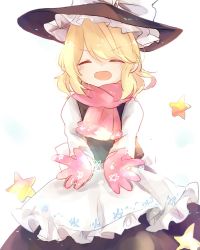 Rule 34 | &gt;:d, 1girl, :d, ^ ^, apron, blonde hair, blush, closed eyes, facing viewer, gloves, hat, hidden star in four seasons, kirisame marisa, kosencha, long skirt, long sleeves, mittens, open mouth, pink gloves, pink mittens, scarf, skirt, skirt set, smile, solo, star (symbol), touhou, v-shaped eyebrows, vest, waist apron, witch hat