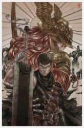Rule 34 | 1boy, 1girl, armor, artist request, berserk, black hair, cape, closed mouth, covered eyes, crossover, dragonslayer (sword), dress, elden ring, guts (berserk), helmet, highres, holding, holding weapon, huge weapon, long hair, looking at viewer, male focus, malenia blade of miquella, muscular, red cape, red hair, short hair, sword, very long hair, weapon, winged helmet
