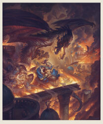 Rule 34 | 5boys, armor, battle, blue cape, border, breastplate, breath weapon, breathing fire, broken pillar, burning, cape, character request, city, claws, column, commentary, crack, destruction, dragon, elf, english commentary, fantasy, fire, from side, gauntlets, greaves, helm, helmet, highres, holding, holding shield, holding sword, holding weapon, horns, justin gerard, multiple boys, open mouth, outdoors, pillar, pointy ears, scenery, sharp teeth, shield, signature, smoke, sword, teeth, the fall of gondolin, the silmarillion, tolkien&#039;s legendarium, tolkien's legendarium, weapon, western dragon, white border, wings, wyvern