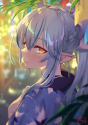 Rule 34 | 1girl, blue hair, blurry, blurry background, blurry foreground, brown eyes, closed mouth, commentary request, depth of field, elf, hair between eyes, half updo, hand up, highres, hololive, leaf, long hair, looking at viewer, multicolored hair, pointy ears, shimotsuki shio, smile, snowflake print, solo, streaked hair, tanabata, tanzaku, virtual youtuber, yukihana lamy