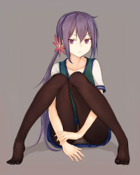 Rule 34 | 10s, 1girl, akebono (kancolle), bad id, bad nicoseiga id, bell, black pantyhose, flower, guanhian, hair bell, hair flower, hair ornament, highres, jitome, kantai collection, knees together feet apart, long hair, panties, panties under pantyhose, pantyhose, purple eyes, purple hair, school uniform, side ponytail, simple background, solo, tiptoes, underwear, very long hair