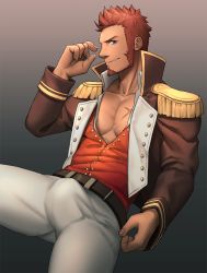 Rule 34 | 1boy, bara, belt, blue eyes, brown hair, bulge, cross scar, epaulettes, erection, erection under clothes, facial hair, fate/grand order, fate (series), feet out of frame, fringe trim, goatee, gorou naoki, gradient background, jacket, long sideburns, long sleeves, male focus, military, military uniform, muscular, napoleon bonaparte (fate), open clothes, open jacket, open shirt, pants, pectoral cleavage, pectorals, scar, scar on chest, short hair, sideburns, solo, thighs, tight clothes, unbuttoned, uniform, white pants