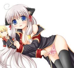 Rule 34 | 1girl, animal ears, bed, black coat, black thighhighs, blue eyes, blush, bow, breasts, cat ears, character doll, cleavage, coat, commentary request, cowboy shot, cowlick, crossdressing, doll, furukawa lemon, gift, hair bow, long hair, long sleeves, looking at viewer, medium breasts, multicolored coat, off shoulder, open clothes, open coat, open mouth, panties, photoshop (medium), pink panties, priest, priest (ragnarok online), ragnarok online, red bow, red coat, sidelocks, simple background, solo, thighhighs, two-tone coat, underwear, white background, white hair