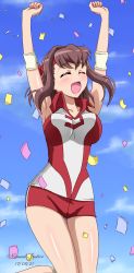 Rule 34 | 1girl, armpits, arms up, artist name, blush, breasts, brown hair, collarbone, confetti, dated, girls und panzer, highres, jumping, kondou taeko, large breasts, nanaeljustice, open mouth, red shorts, shorts, smile, solo, sportswear, volleyball uniform