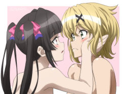 Rule 34 | 2girls, akatsuki kirika, bare arms, bare shoulders, black hair, blonde hair, blush, border, bow, brown eyes, closed mouth, collarbone, eye contact, green eyes, hair bow, hair ornament, hand on another&#039;s cheek, hand on another&#039;s face, imminent kiss, long hair, looking at another, miyabi mt-b, multiple girls, nude, open mouth, outside border, pink background, red bow, senki zesshou symphogear, short hair, tsukuyomi shirabe, twintails, twitter username, white border, x hair ornament, yuri