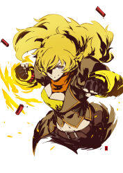 Rule 34 | 1girl, artist logo, belt, blonde hair, breasts, cleavage, cowboy shot, cropped legs, fingerless gloves, gloves, grey eyes, harymachinegun, large breasts, long hair, looking at viewer, navel, one eye closed, pants, rwby, shirt, shotgun shell, simple background, smile, solo, white background, yang xiao long, yellow shirt